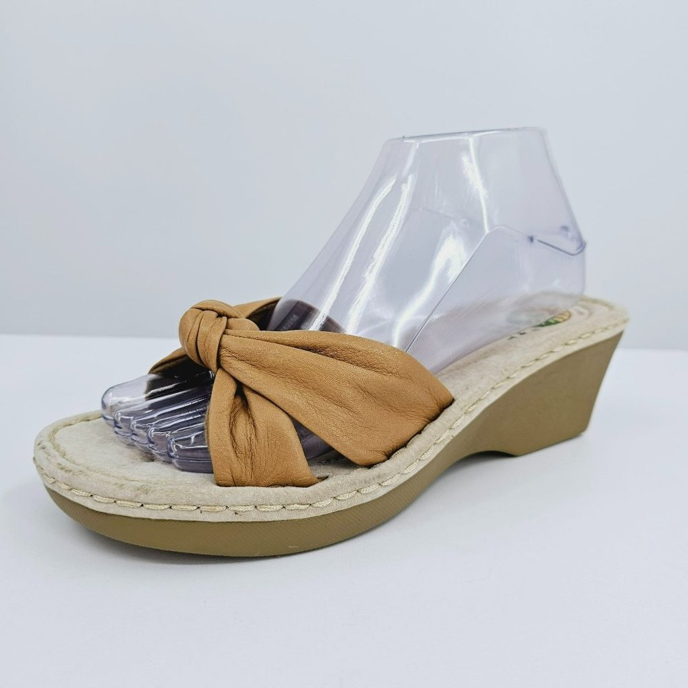 Earth Spirit Liberty Sandals 8.5 Slide Wedge Mule Camel Tan Leather Slip On Knot